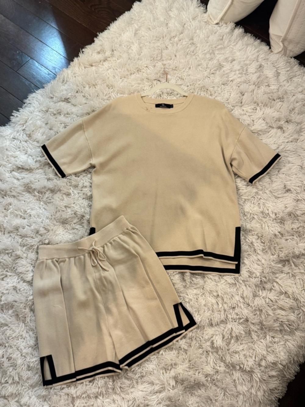 Cream Knit Short Set with Black Trim